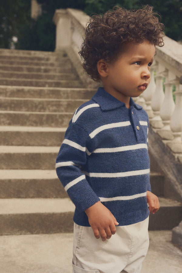 Navy Blue Long Sleeve Stripe Polo Shirt (3mths-7yrs)