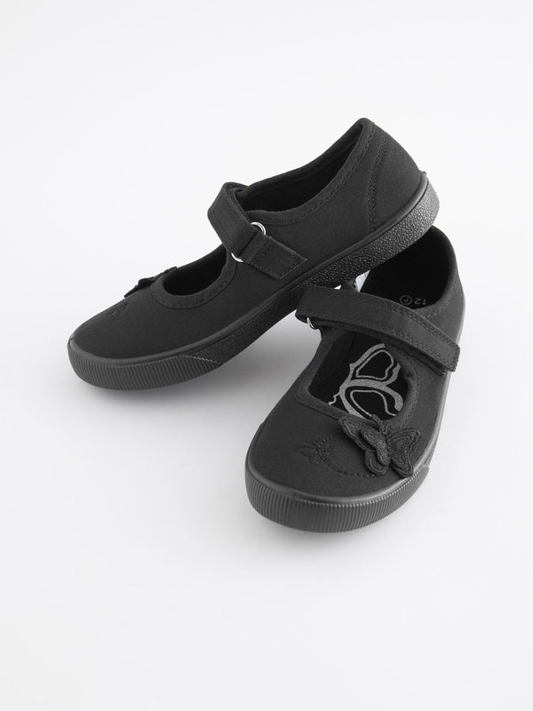 Black Standard Fit (F) Butterfly Embroidered School Plimsoll Shoes