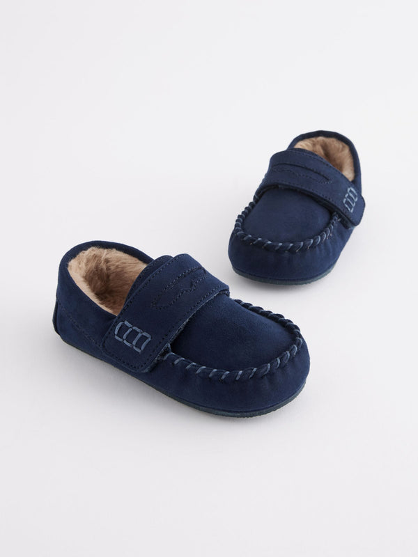 Navy Touch Fastening Moccasin Slippers