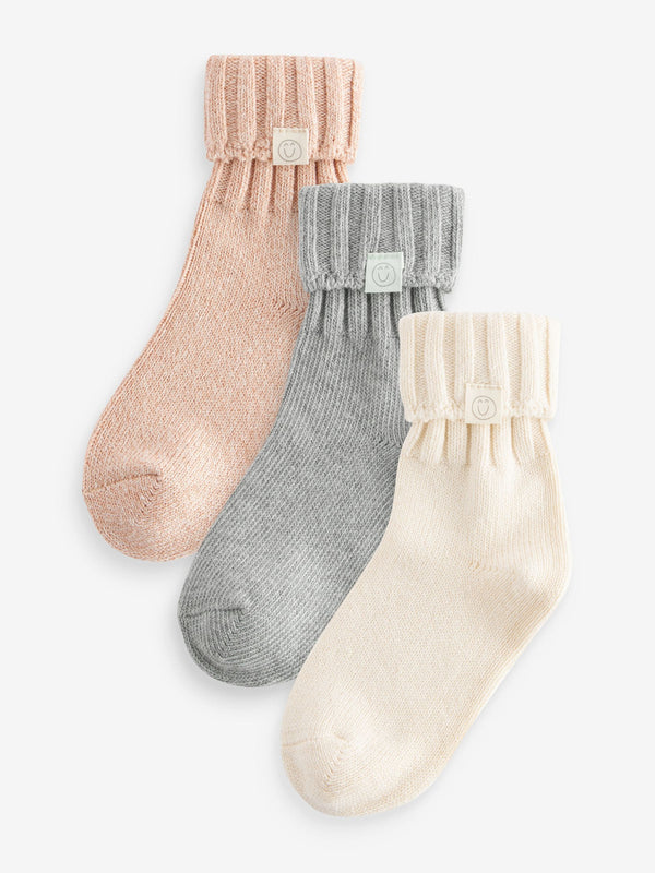 Cream,Grey and Neutral 3 Pack Cotton Rich Roll Top Ankle Socks