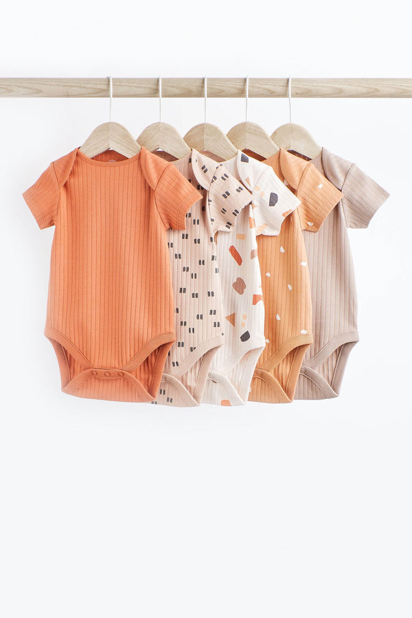 Neutral Print Baby Short Sleeve Rib Bodysuits 5 Pack