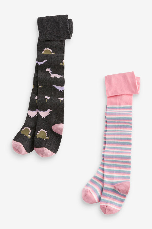 Grey and Pink Cotton Rich Stripe and Dinosaur Tights 2 Pack