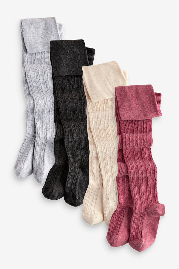 Pink, Grey and Cream Cotton Rich Cable TIghts 4 Pack