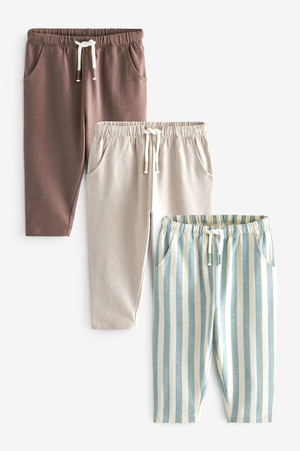 Tan Brown/Ecru/Mineral Stripe 100% Cotton Joggers 3 Pack (3mths-7yrs)