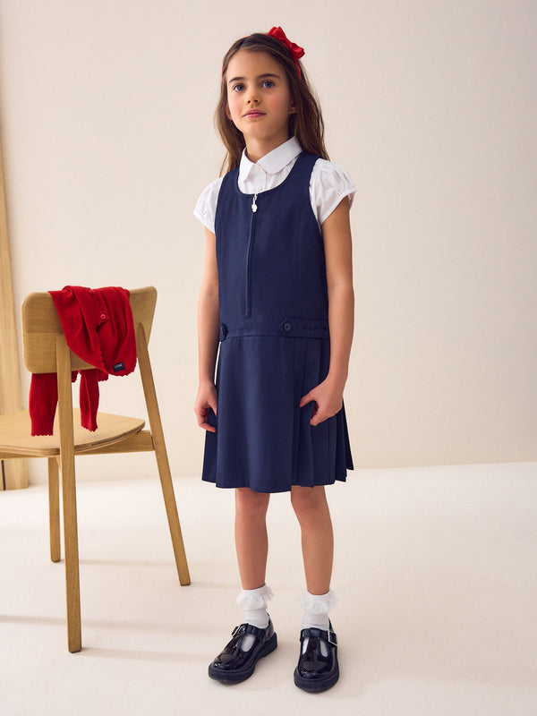 Navy Embroidered Zip Front Pinafore School Dress (3-14yrs)