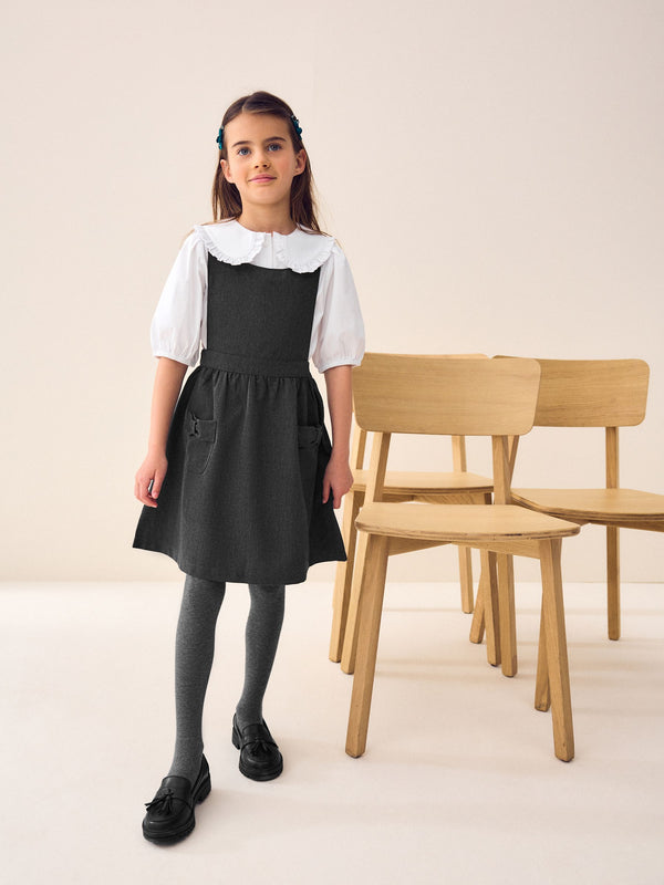 Grey Bow Pocket Detail School Pinafore Dress (3-14yrs)