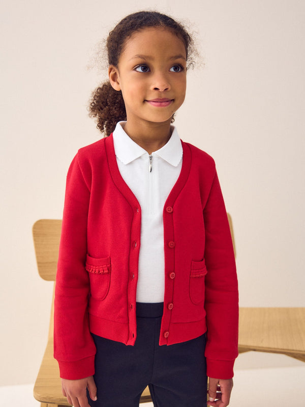 Red Cotton Rich Frill Pocket Jersey School Cardigan (3-16yrs)