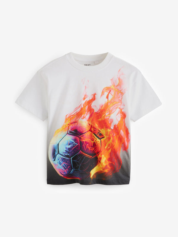 White Football Flames Short Sleeve Graphic 100% Cotton T-Shirt (3-16yrs)