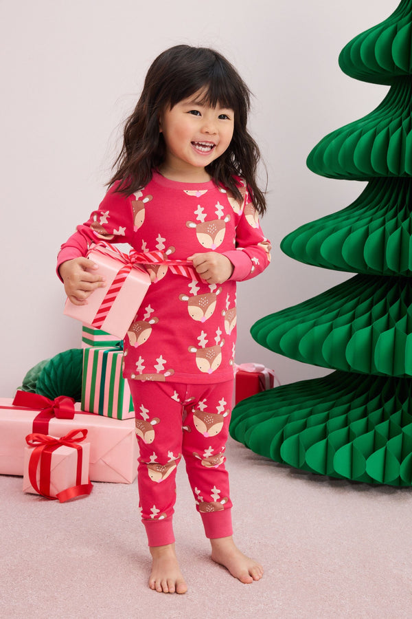 Raspberry Pink Reindeer 100% Cotton Christmas Jogger Pyjamas (9mths-16yrs)