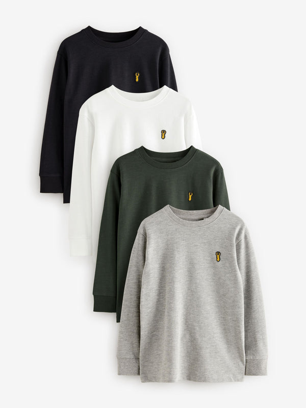 Black/White/Grey Stag Logo Long Sleeve Cosy T-Shirts 4 Pack (3-16yrs)