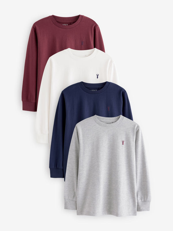 Berry Red/Grey/White/Blue Stag Logo Long Sleeve Cosy T-Shirts 4 Pack (3-16yrs)