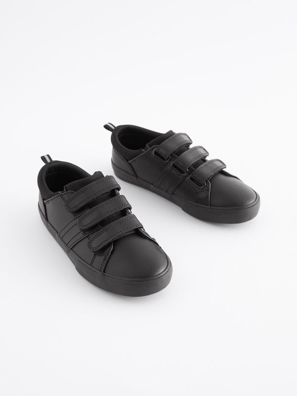 Black Wide Fit (G) School Leather Triple Strap Shoes