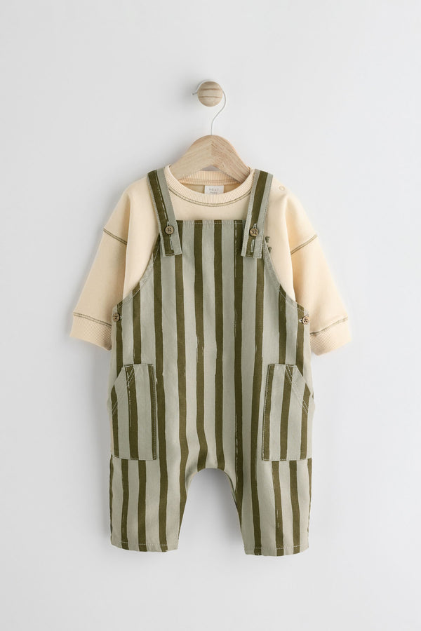 Green Stripe Baby Woven Dungaree and Sweatshirt Set (0mths-2yrs)