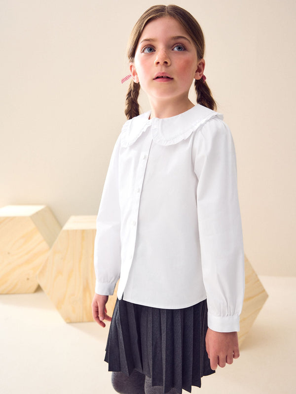 White Long Sleeve Lace Trim School Blouse (3-14yrs)