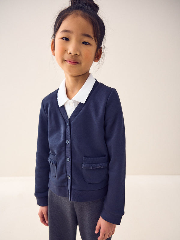 Navy Blue Cotton Rich Frill Pocket Jersey School Cardigan (3-16yrs)