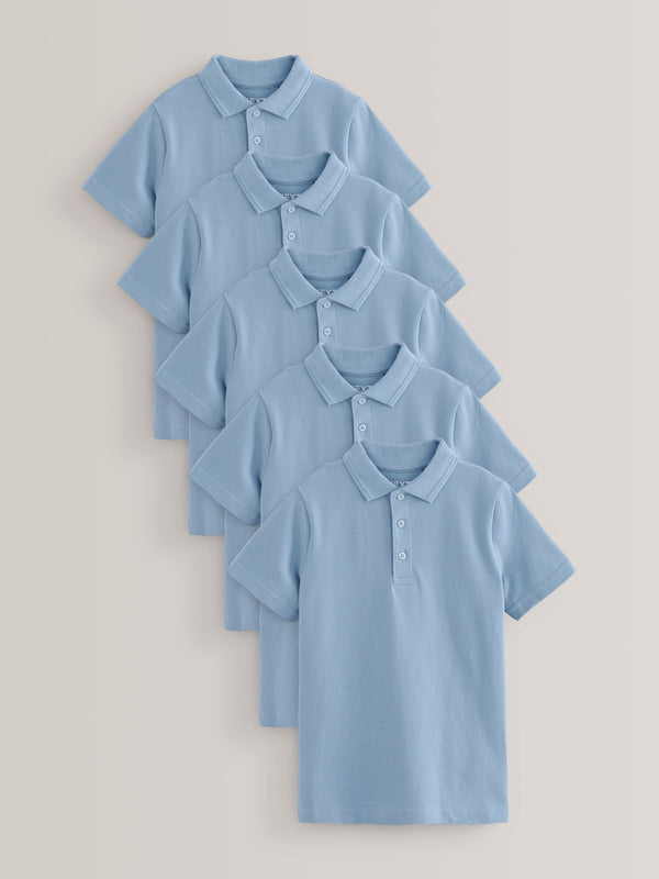 Blue School Short Sleeve Cotton Polo Shirts 5 Pack (3-16yrs)