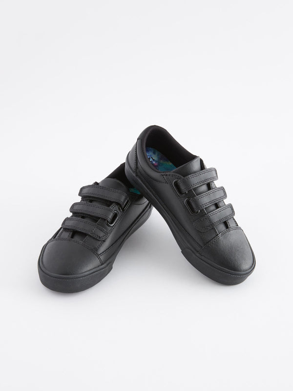 Black Leather Triple Strap School Shoes