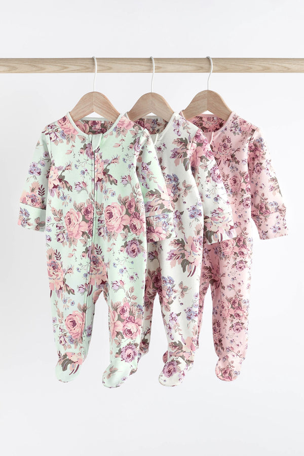 Floral Baby Two Way Zip Sleespuits 3 Pack (0-2yrs)