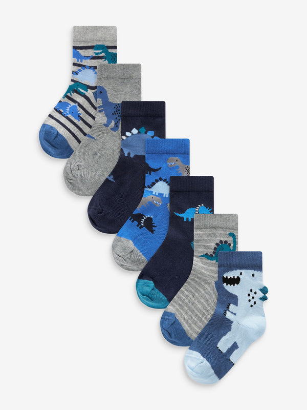 Blue Dino Cotton Rich Socks 7 Pack