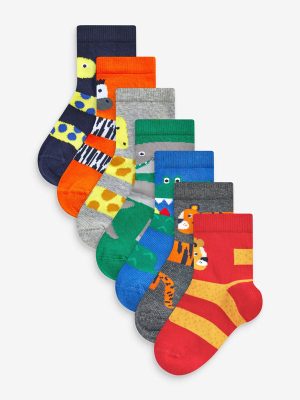 Red/Blue/Green Animal 7 Pack Cotton Rich Socks