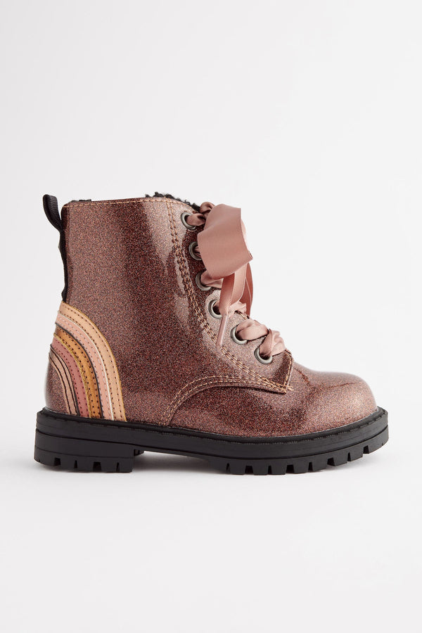 Rose Gold Pink Warm Lined Lace-Up Boots