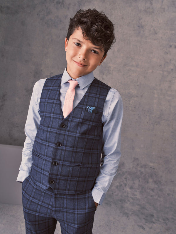 Blue Check Waistcoat, Blue Shirt & Tie Set Waistcoat (12mths-16yrs)