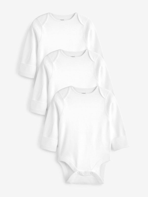 White 3 Pack Kind To Skin Long Sleeve Baby Bodysuits