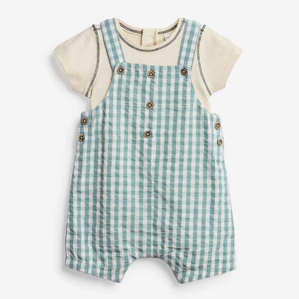 Copy Baby Blue Check Woven 2 Piece Dungarees And Bodysuit Set.