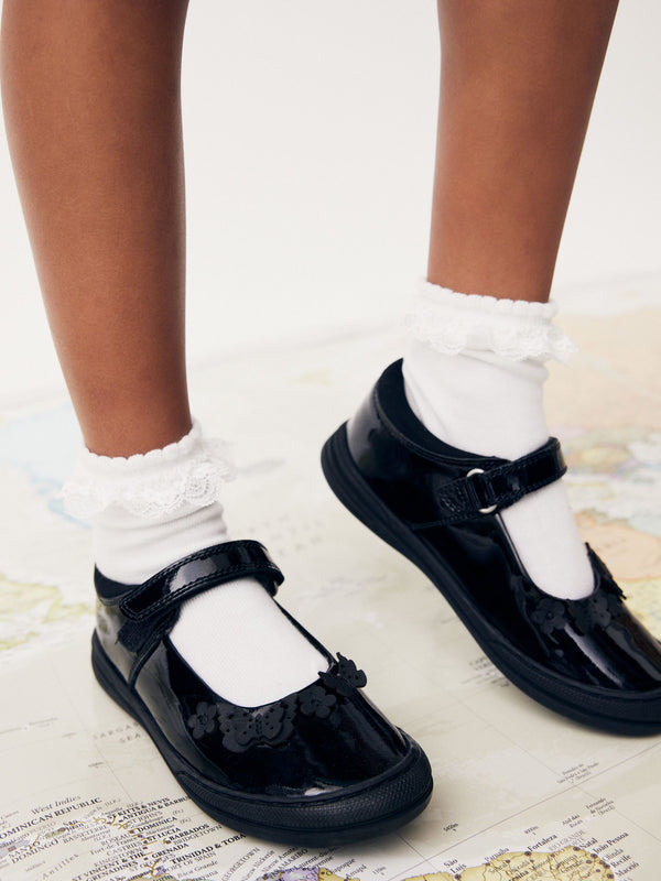 Black Butterfly Detail Standard Fit (F) Junior Leather School Mary Jane Shoes