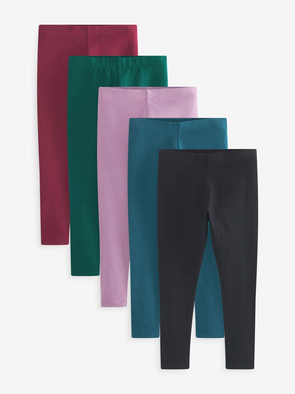 Black/Green/Blue/Berry Red/Lilac Purple Leggings 5 Pack (3-16yrs)