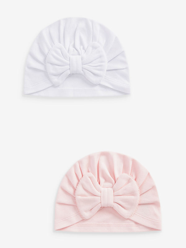 Pink/White Big Bow Baby Bow Turban 100% Cotton Hats 2 Pack (0mths-2yrs)