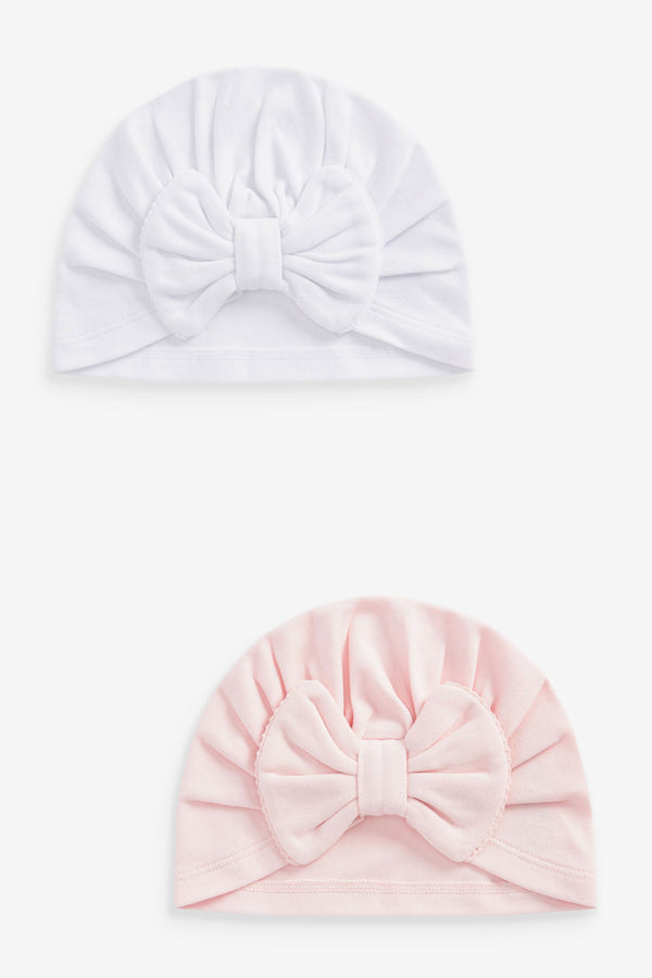 Pink/White Big Bow Baby Bow Turban Hats 2 Pack (0-18mths)