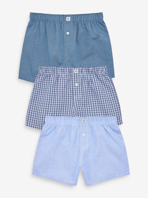 Blue 100% Cotton Woven Trunks 3 Pack (2-16yrs)