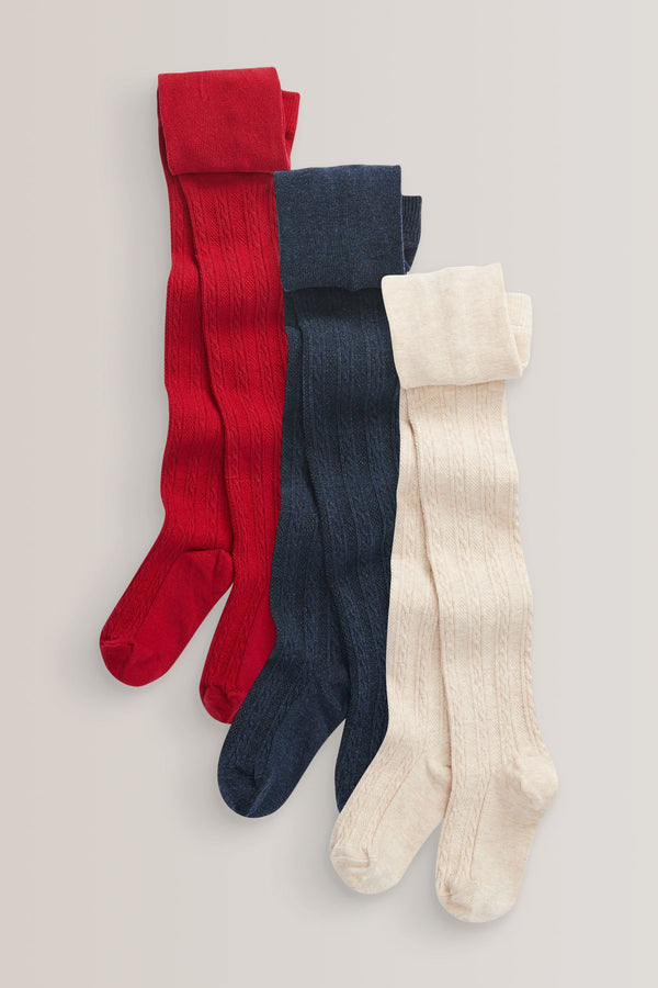 Red/Navy Blue/Cream Cotton Rich Cable Tights 3 Pack