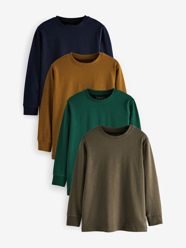 Tan Brown/Khaki Green Long Sleeve Cosy T-Shirts 4 Pack (3-16yrs)