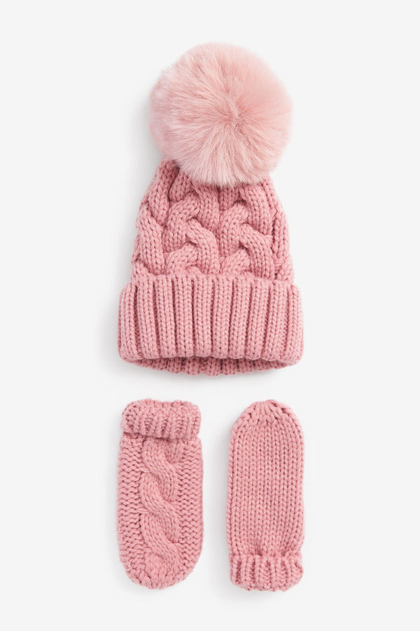 Pink 2 Piece Knitted Hat And Mittens Set (3mths-6yrs)