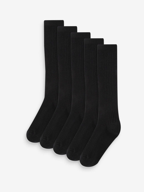 Black Ribbed 5 Pack Cotton Rich Knee High Socks