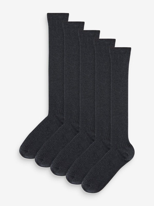 Grey Ribbed 5 Pack Cotton Rich Knee High Socks
