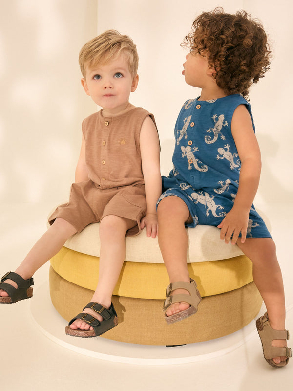 Teal Blue Printed/Brown 100% Cotton Rompers 2 Pack (3mths-7yrs)