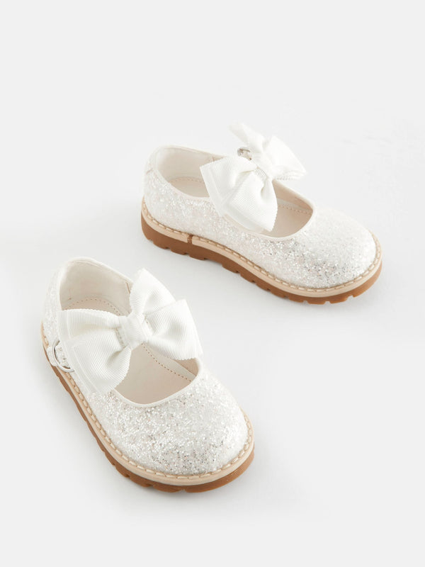 White Glitter Bow Wide Fit (G) Mary Jane Flower Girl Touch Fastening Bow Shoes