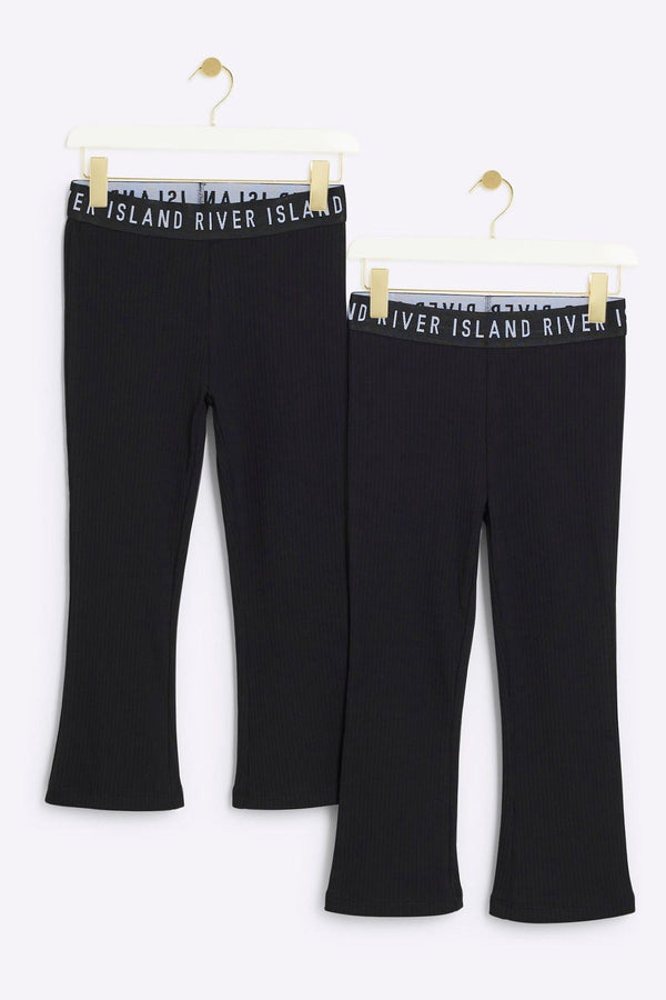 River Island Black Girls Rib Kickflare Trousers 2 Pack