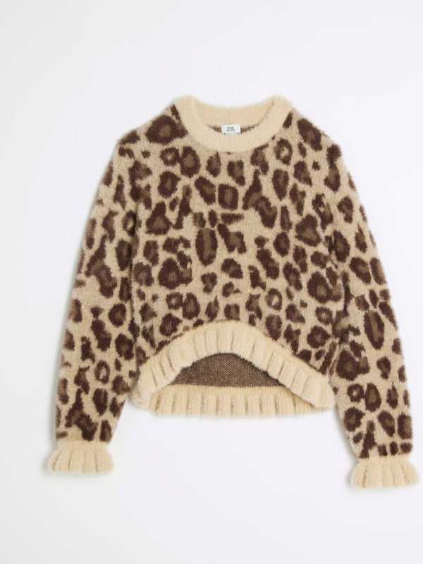 River Island Brown Girls Leopard Print Frill 100% Cotton Jumper