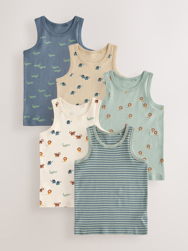 Mini Safari Print 100% Cotton Vests 5 Pack (1.5-8yrs)