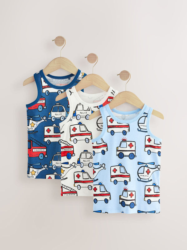 Red/Blue Emergency Vehicles 100% Cotton Vests 3 Pack (1.5-10yrs)