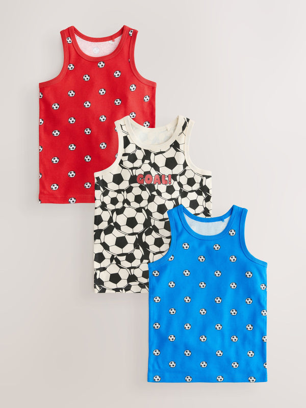 Red/Blue Football 100% Cotton Vests 3 Pack (1.5-10yrs)