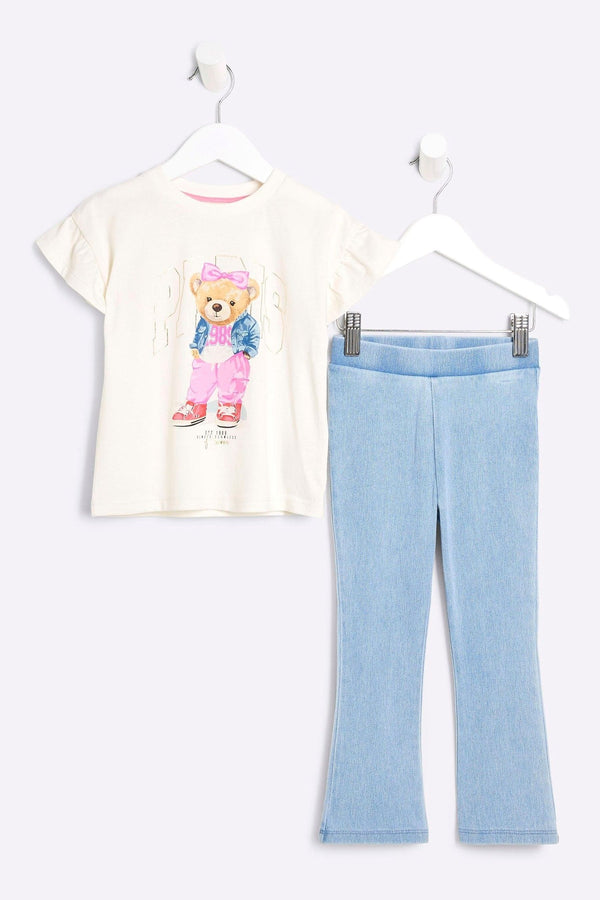 River Island Cream Girls Paris Bear 100% Cotton T-Shirts Set