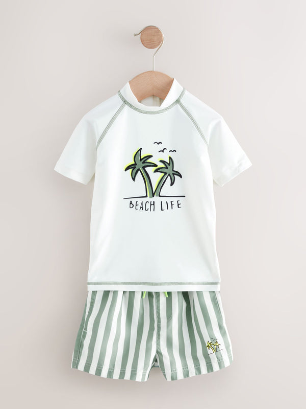 White/Green Rash Vest and Shorts Set (3mths-7yrs)