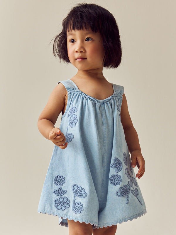 Denim 100% Cotton Flower Embroidered Playsuit (3mths-7yrs)