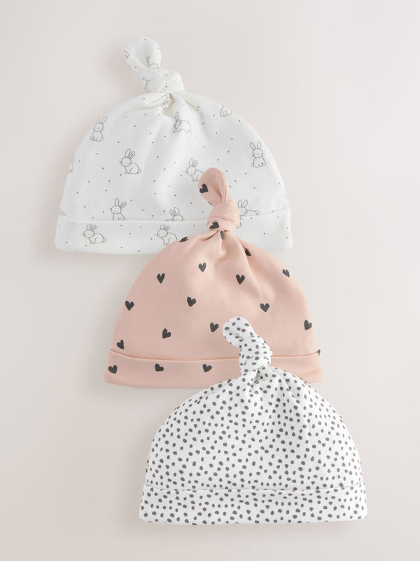Black/White Bunny 100% Cotton Tie Top Baby Hats 3 Pack (0-12mths)