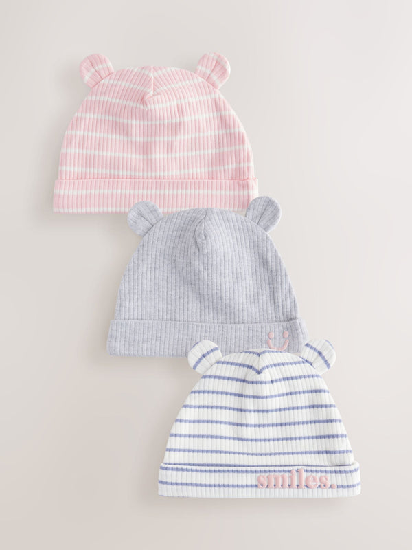 Pink/Grey Baby Beanie 100% Cotton Hats 3 Pack (0-18mths)